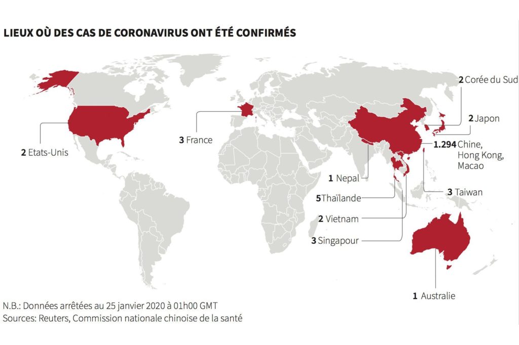 Cartographie des zones atteintes par le coronavirus (à la date du 2 février 2020)